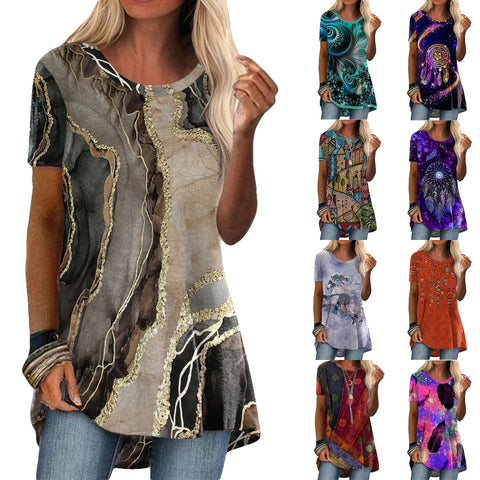 Popular round neck casual ethnic style retro printed short-sleeved T-shirt m301756