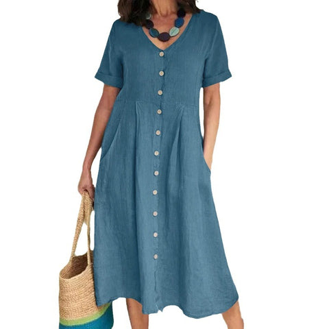 New solid color loose high waist cotton and linen dress m301192
