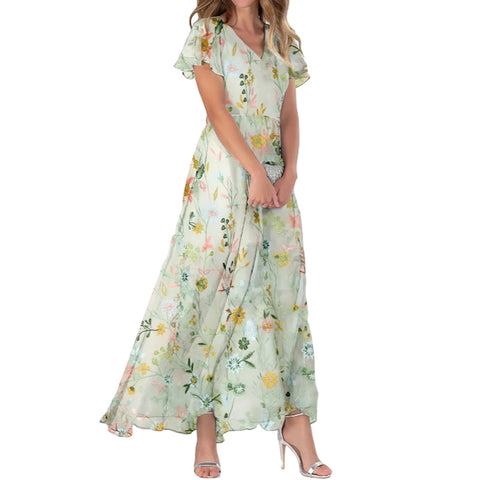 Big pendulum long dress V-neck short-sleeved printed chiffon dress m301544