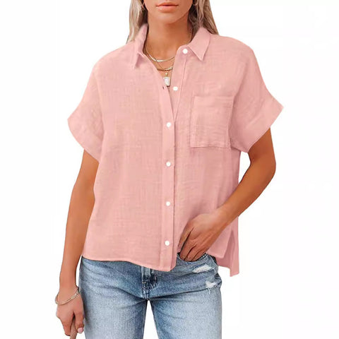 New cotton and linen short-sleeved casual side slit pocket shirt m300983