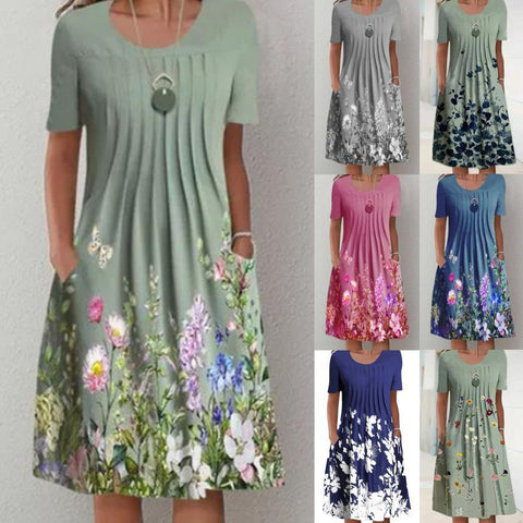 Spring/Summer Floral Print Crew Neck Pocket Medium Length Dress m300905