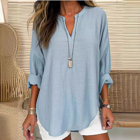 Small V-neck button-down shoulder long-sleeved women's T curved hem clothes m301361
