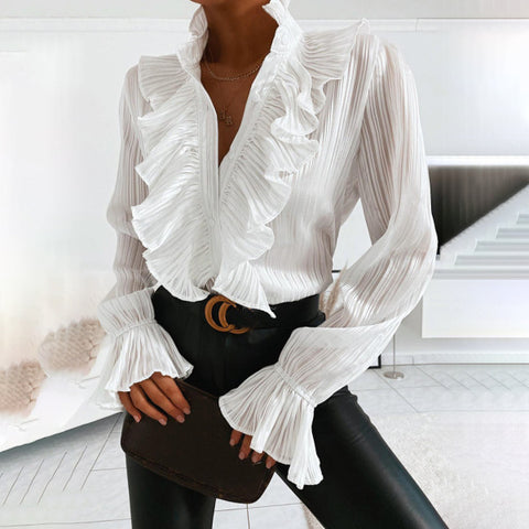 Ruffle edge flared sleeve pleated long sleeve shirt m301764