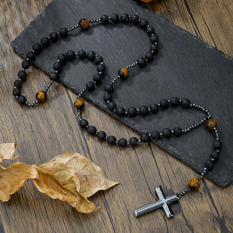 Natural stone black gallstone yellow tiger eye iron stone cross necklace hip hop necklace m3331291