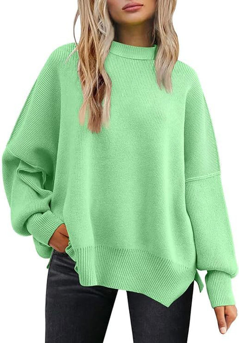 Crew neck bat wing long-sleeved sweater autumn knitted side slit jumper m301590