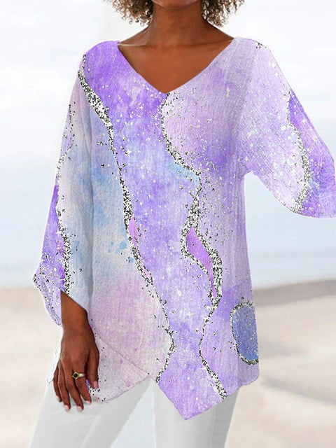 Women's printed animal natural scenery V-neck nine-quarter sleeve loose T-shirt m301289