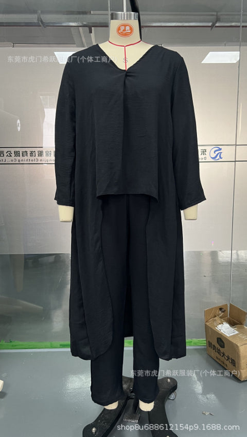 Women's summer pocket V-neck 2-piece set solid color loose women's clothing m301501