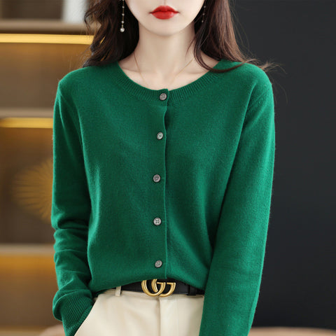Knitted cardigan early spring crew neck sweater women's long-sleeved solid color versatile jacket women's m301748
