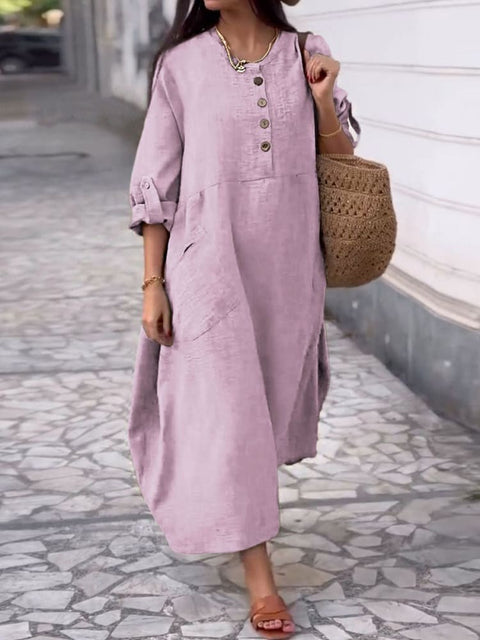 Women's Solid Color Crew Neck Cotton and Linen Long Sleeve Casual Double Pocket Button Long Dress m302717