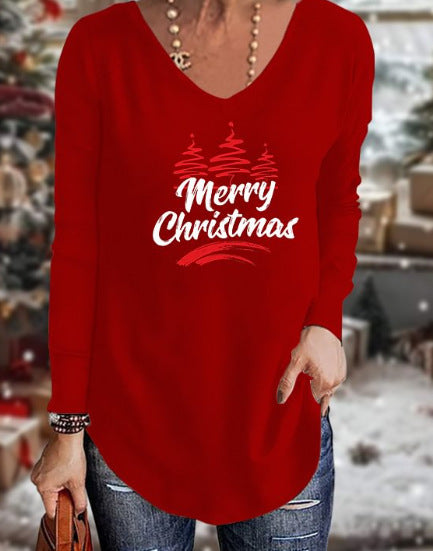 Loose 3D V-neck long-sleeved T-shirt women's Christmas printed bottoming shirt m302098