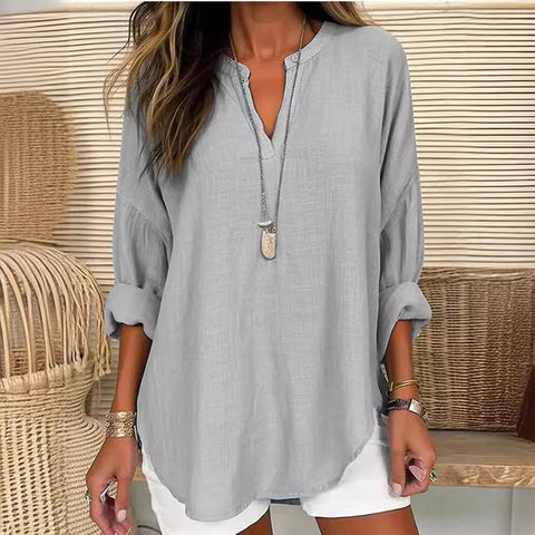 Small V-neck button-down shoulder long-sleeved women's T curved hem clothes m301361