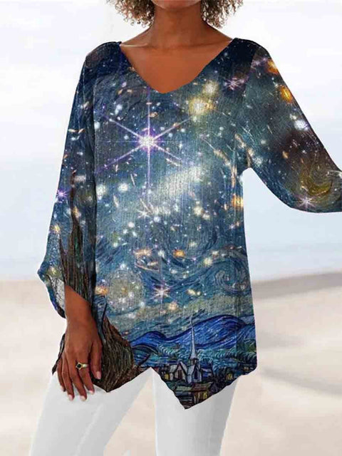 Women's printed animal natural scenery V-neck nine-quarter sleeve loose T-shirt m301289