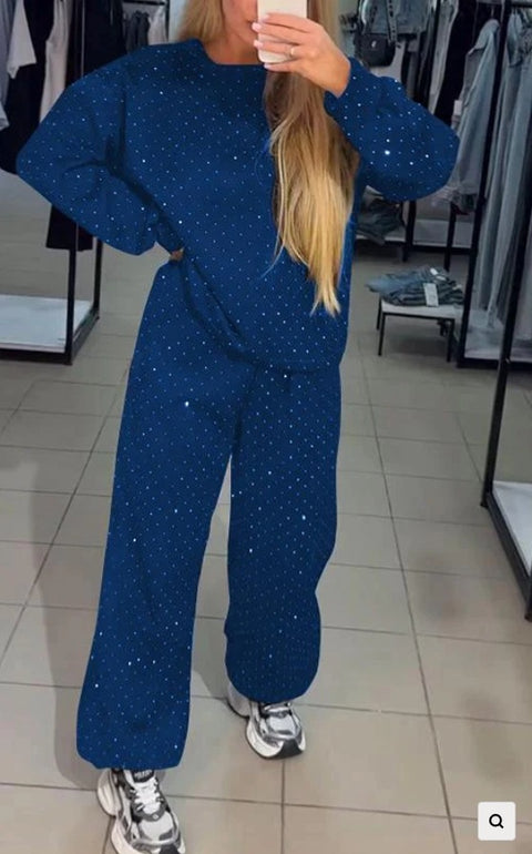 Women's casual round neck long sleeve full body hot diamond drawstring foot tie two-piece set m301499