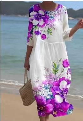 Loose crew neck fashion high-end long-sleeved printed dress m301053