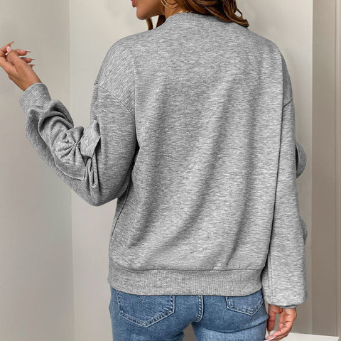 Bow stitching grey crew neck sweater m300824