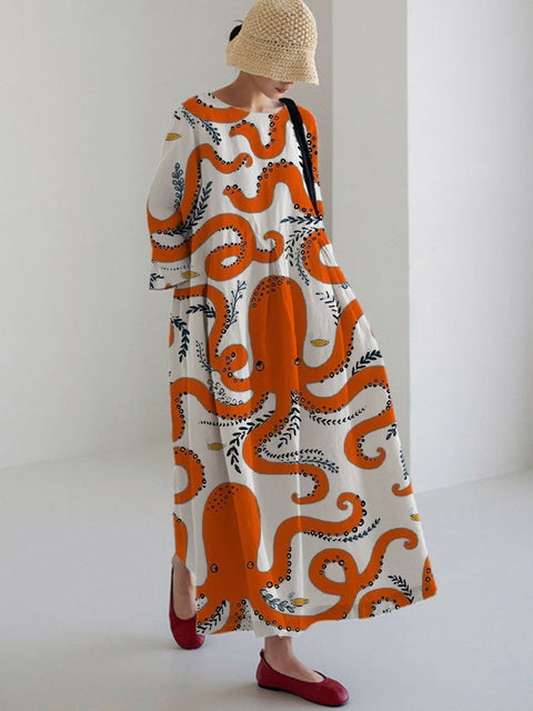 Loose crew neck fashion high-end long-sleeved printed dress m301054