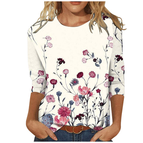 Women's Clothing round Neck 3/4 Sleeves Loose Print T-shirt M300227