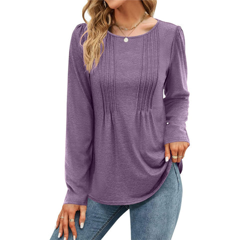 Stripe solid color round neck long-sleeved t-shirt m300549