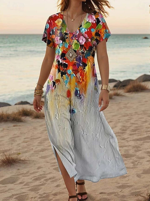 Creative floral women's summer new V-neck short-sleeved dress m301230