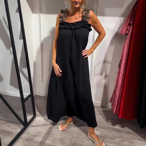 Popular vacation women's casual suspender splicing leopard print pocket cotton and linen dress m302050