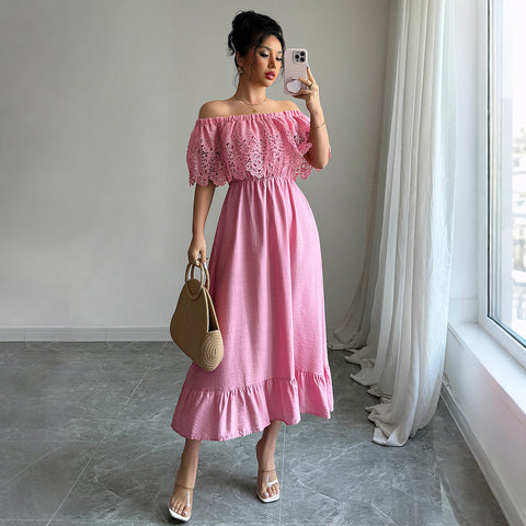 Elegant wind off-the-shoulder A-shaped long dress dress m301401