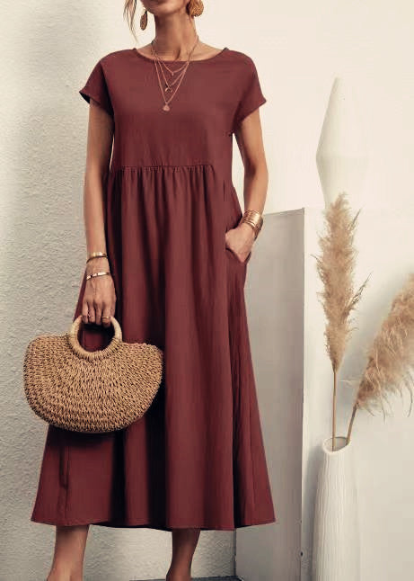 Sleeveless loose cotton and linen pocket dress m301061