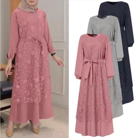 Muslim Crew Neck Lace Long Sleeve Waist Loose Long Dress Women's m301325