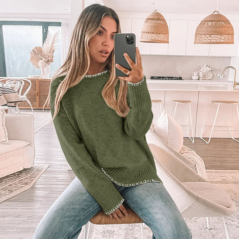 Fashion knitted sweater pullover trimmed crew neck sweater women's m300629