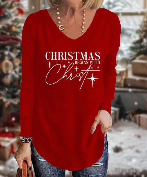 Loose 3D V-neck long-sleeved T-shirt women's Christmas printed bottoming shirt m302098