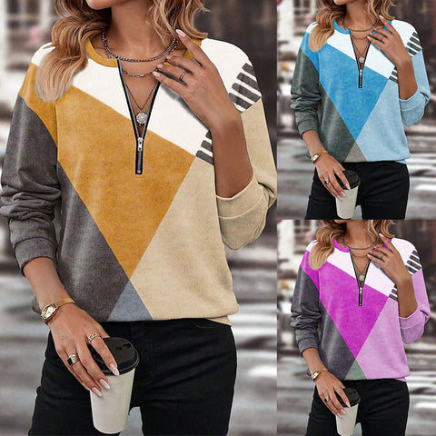 Autumn and winter color matching loose zipper long-sleeved V-neck sweater m300608
