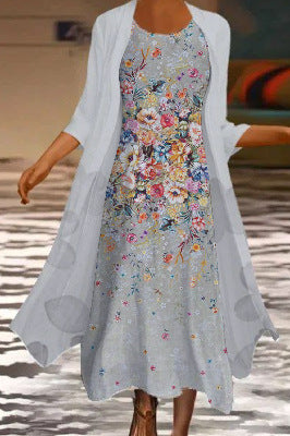 New women's long dress two-piece set flower and grass print crew neck dress m301251