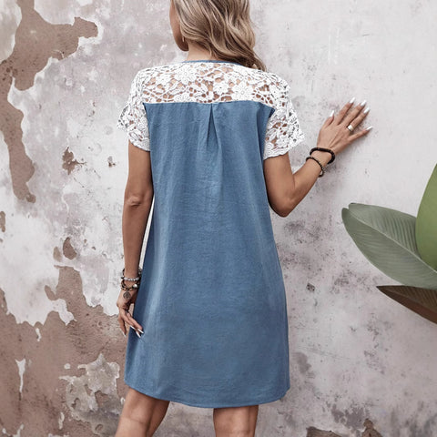 Spring and summer new women's clothing casual loose contrasting color lace splicing pocket dress m301448
