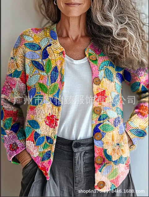 Autumn new colorful warm sunshine flower sea printed button cardigan m301725