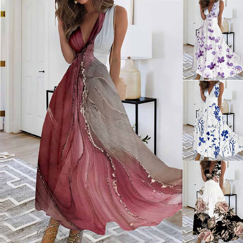 Women's new V-neck with lining high waist sleeveless printed sexy vest dress m301267