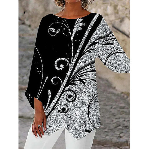 Geometric print long-sleeved splicing crew neck shirt m301290