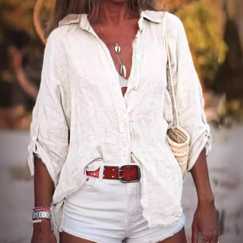 Women's Cotton and Linen Solid Color Loose 3/4 Sleeve Shirt M300358