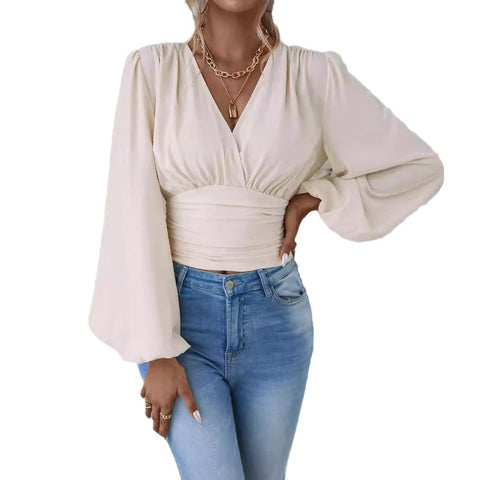 Waist V-neck bag sleeve solid color wrinkled women's long-sleeved top m300997