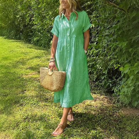 Loose large size striped short-sleeved shirt dress women's summer new casual cotton and linen medium and long skirt m302066