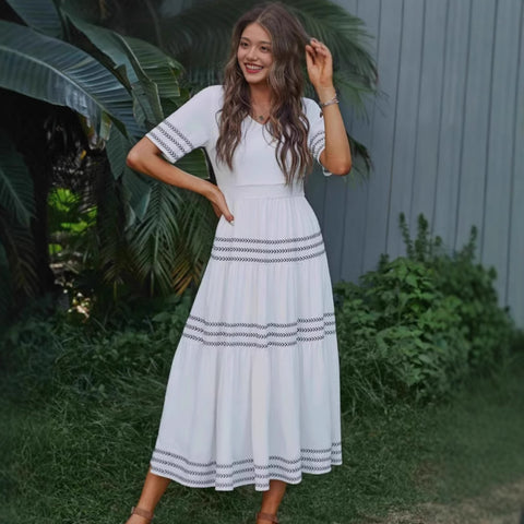 Long skirt short sleeve casual V-neck embroidered women's clothing m301524