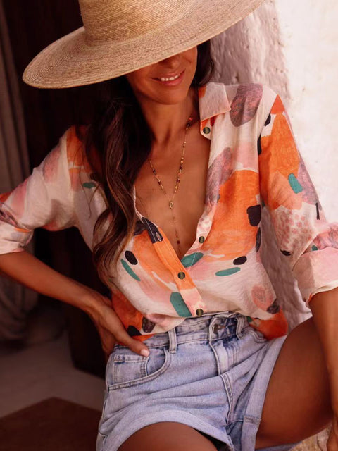 Casual summer new long-sleeved printed lapel shirt casual vacation women's shirt m301605