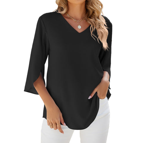 Solid color V-neck medium-sleeved loose chiffon shirt women's top m301658