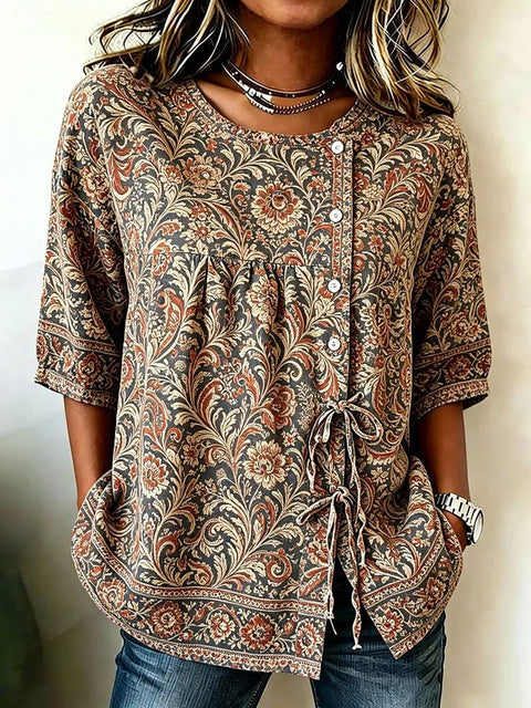 Color matching loose blouse five-button drawstring m302924