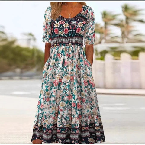 Up and down splicing pocket size printing large wide dress m302623-3