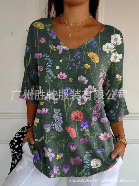 V-neck 3D printed geometric pattern five-quarter sleeve T-shirt top m302777