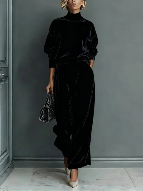 Casual two-piece suit golden velvet long-sleeved solid color high-necked wide-leg pants m302327