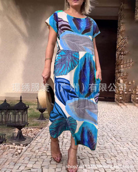 Loose round neck split button fashionable printed long dress loose m302072