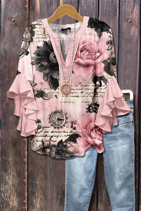 Creative floral element printing digital printing casual trend V-neck lotus edge T-shirt women's top m301778