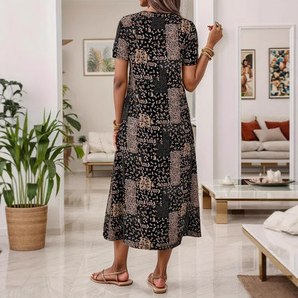 Retro style print short sleeve floral dress women m301445