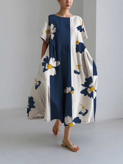 Women's loose crew neck fashion high-end short-sleeved printed dress m301052