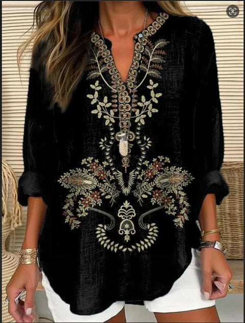 Loose 3D Printed V-Neck Shirt Long Sleeve T-Shirt m301360